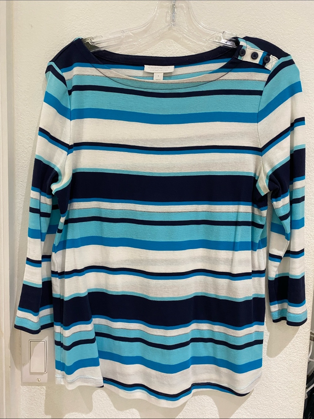 Charter Club Pima Cotton Striped Top - Light Pool Blue Combo - Size S